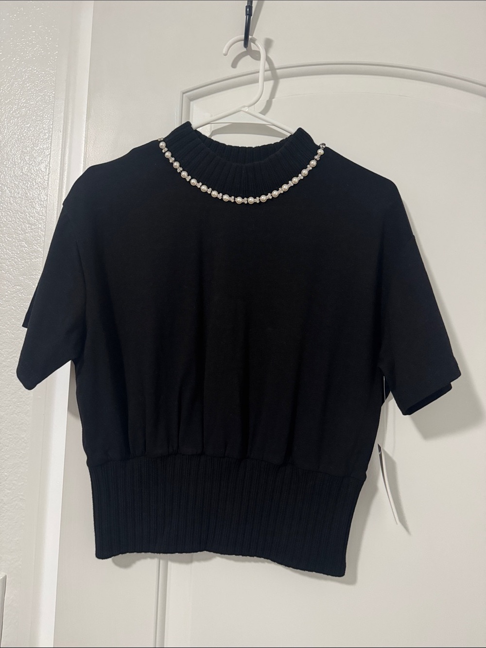 12th Tribe Black Short Sleeve Knit Top with Pearl Trim